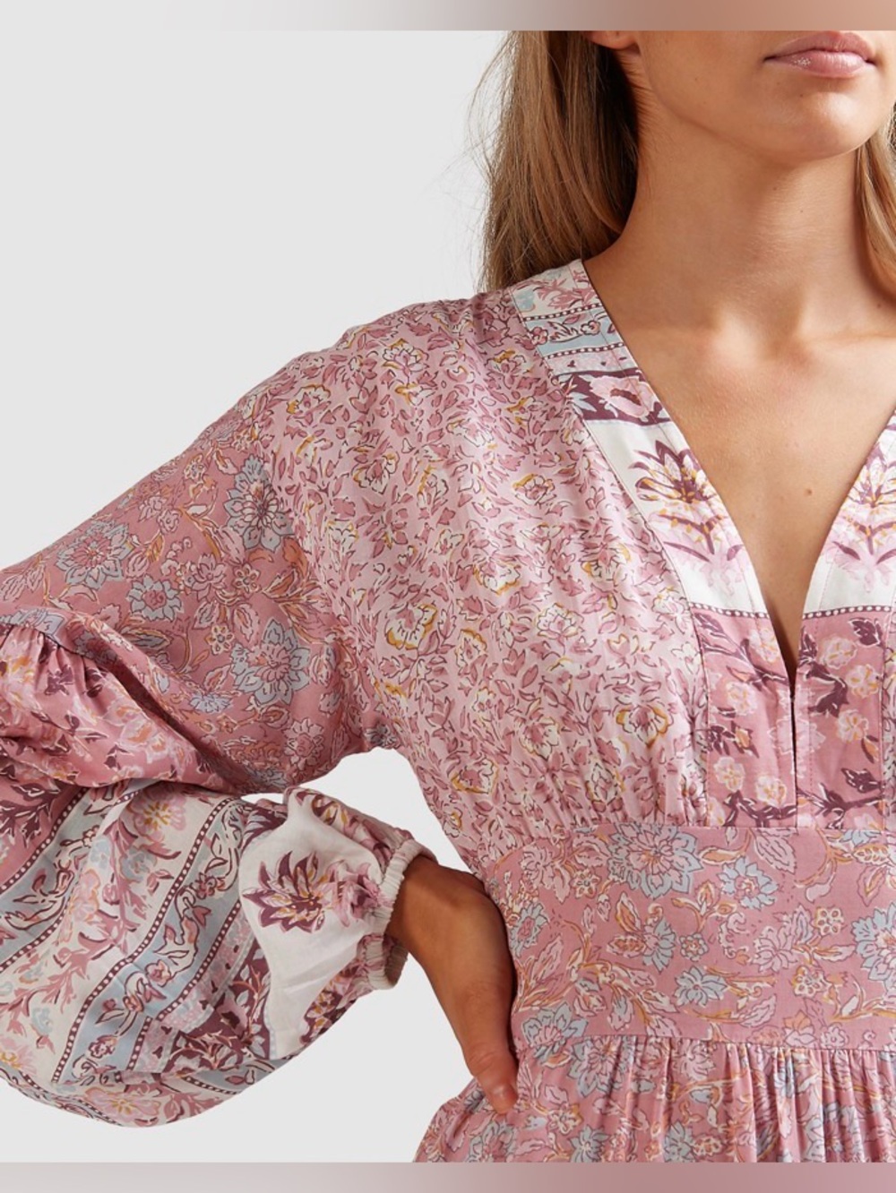 BILLABONG Cosmos Dress Size M BOHEMIAN LONG BALLOON SLEEVE DUSTY ROSE FLORAL - Picture 2 of 15